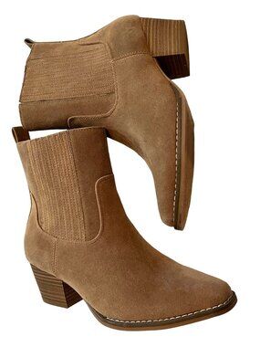 Tan Suede Memory Foam Ankle Boots With Stacked Heel & Side Elastic Panels SZ 6.5